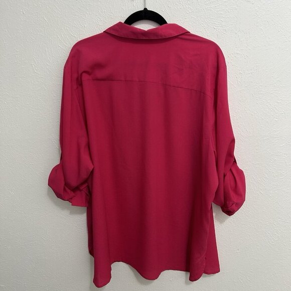 Calvin Klein Fuchsia Chiffon Blouse Pink Tassel Collared Neck Roll Tab Sleeve 3X - Picture 7 of 10